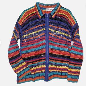 Vintage VICTORIA HARBOUR Rainbow Stripe Cardigan Sweater Crochet Size Medium